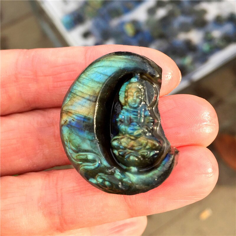 Flashing Natural Stone Labradorite Carved Moon