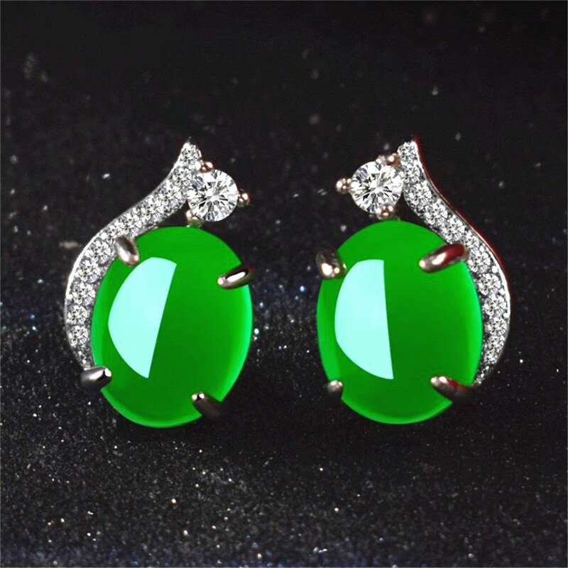 Natural Green Jade Chalcedony Round Earrings