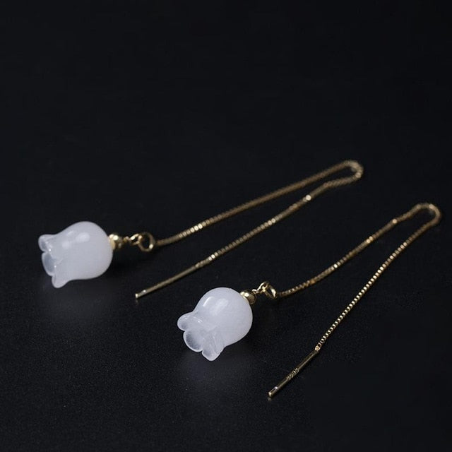 Flyleaf Gold Long Drop Earrings White Jade Wind Chimes