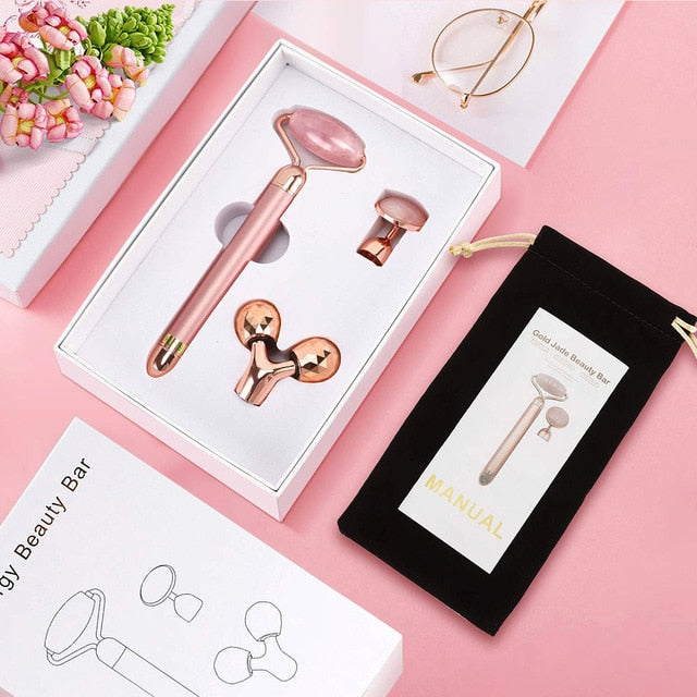 3-in-1 Electric Rose Quartz Jade Roller Set