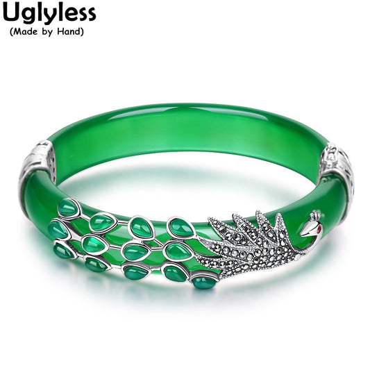 Real 925 Sterling Silver Peacock Bangles Jade Fine