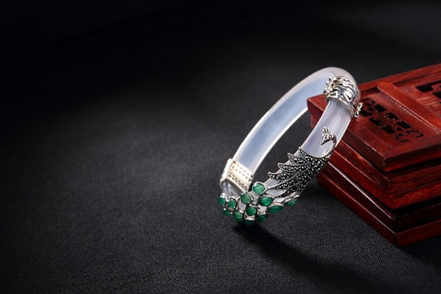 Real 925 Sterling Silver Peacock Bangles Jade Fine