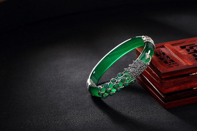 Real 925 Sterling Silver Peacock Bangles Jade Fine
