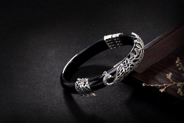 Real 925 Sterling Silver Peacock Bangles Jade Fine
