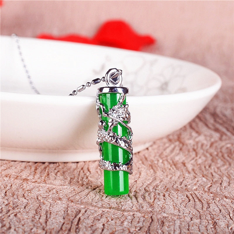 Natural Green Jade Dragon Pillar Pendant Carved Charm