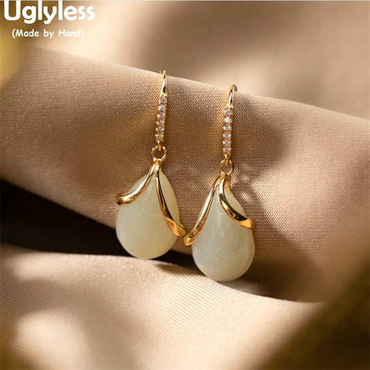 Water Drop Natural Jade Elegant Earrings Crystals