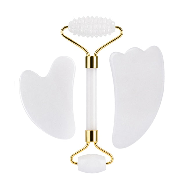 White Jade Roller Gouache Scraper GuaSha Board Set