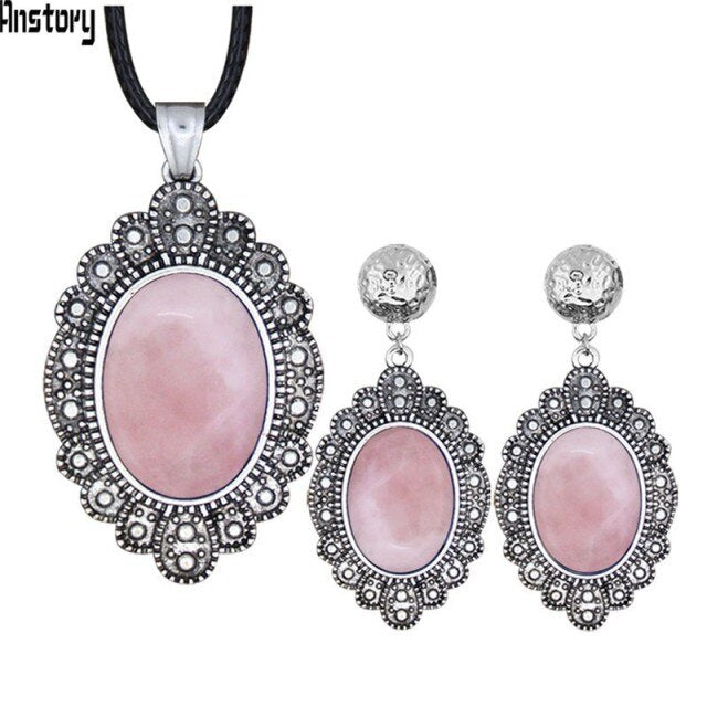 Oval Natural Pink Quartz Lapis Lazuli Jades Jewelry Sets