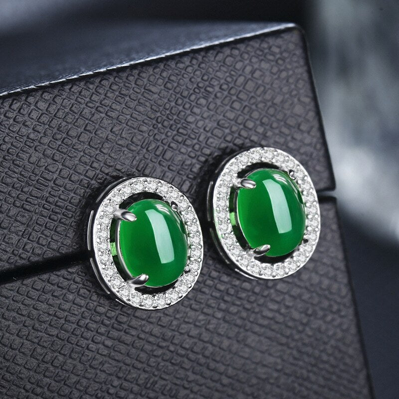 Natural Green Jade Chalcedony Round Earrings