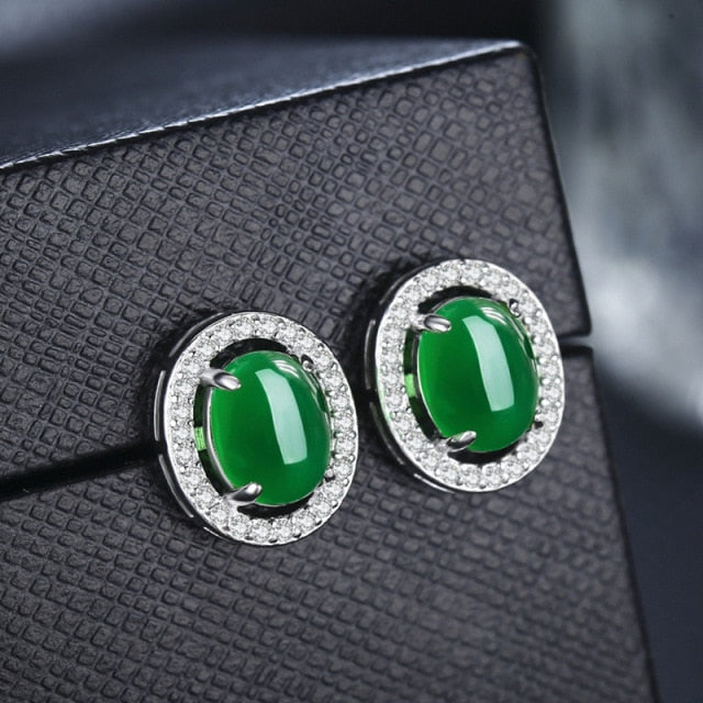 Natural Green Jade Chalcedony Round Earrings