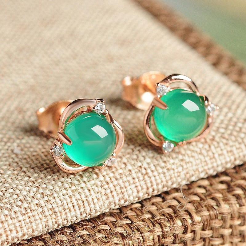 Natural Green Jade Stud Earrings Jadeite Chalcedony