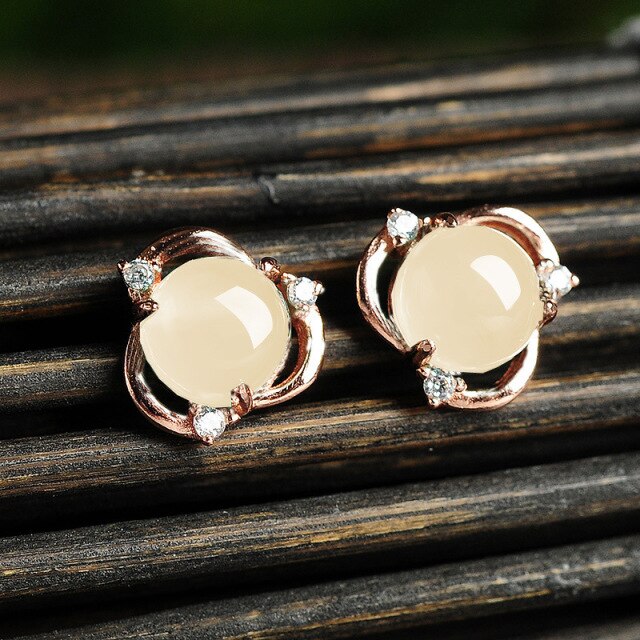 Natural Green Jade Stud Earrings Jadeite Chalcedony