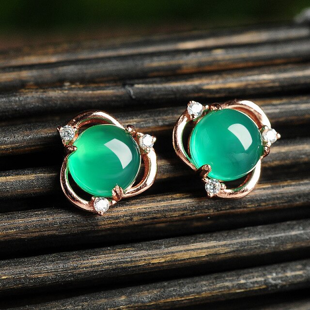 Natural Green Jade Stud Earrings Jadeite Chalcedony