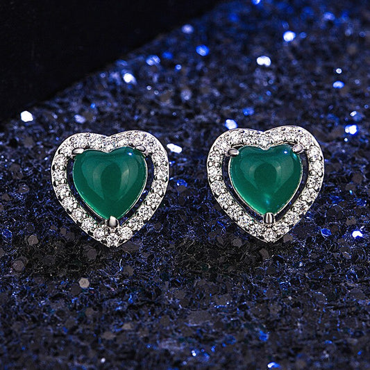 Natural Green Jade Chalcedony Heart-shaped Earrings