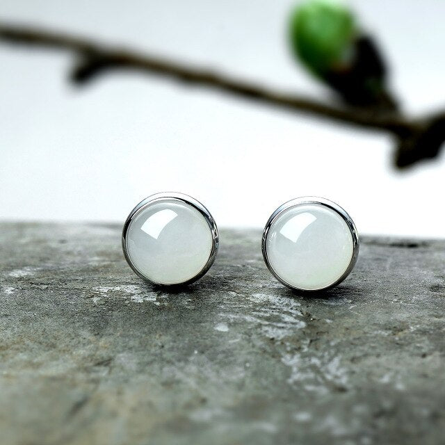 Stud Earrings Round Natural Hetian Jade Gemstone