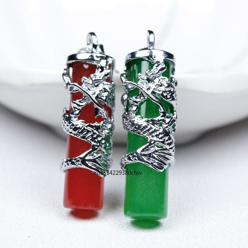Green Jade Dragon pillar Pendant Necklace Charm