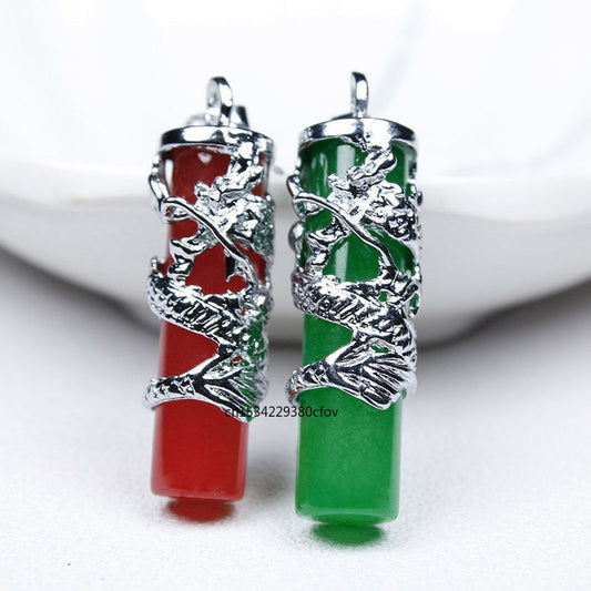 Green Jade Dragon pillar Pendant Necklace Charm