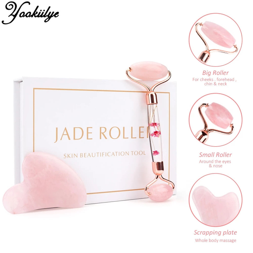 Rose Quartz Jade Roller Flower Pole Face Lifting