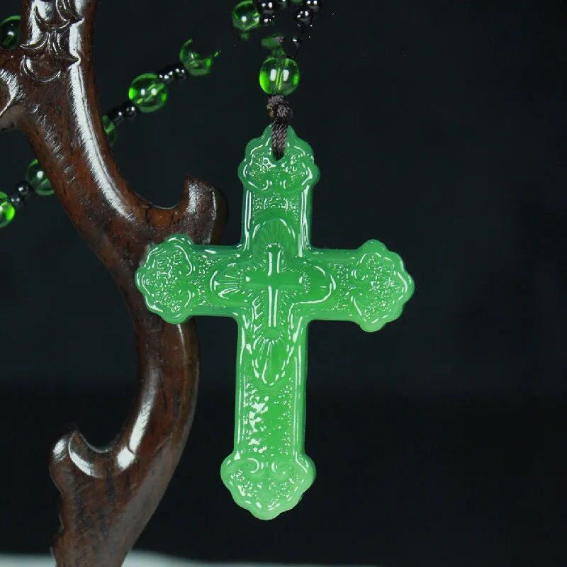 Natural Green Jade Cross Pendant Necklace