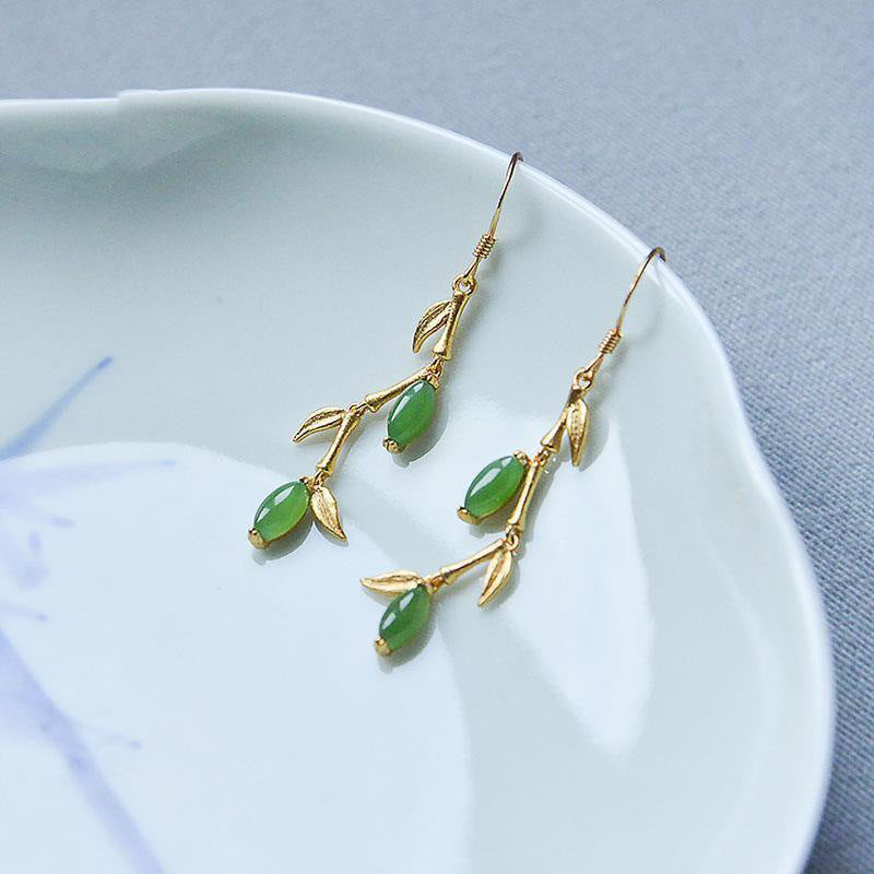 Natural Hetian Jade Green Jade Willow Leaf Earrings S925 Sterling Silver