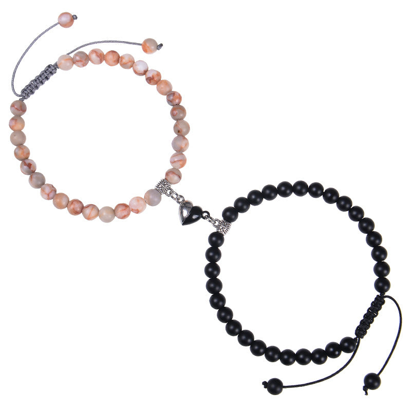 Heart-shaped Magnet Suction Black Frosted Stone Couple Bracelet