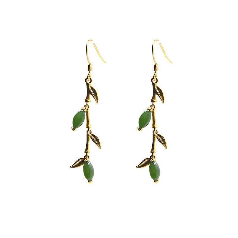 Natural Hetian Jade Green Jade Willow Leaf Earrings S925 Sterling Silver