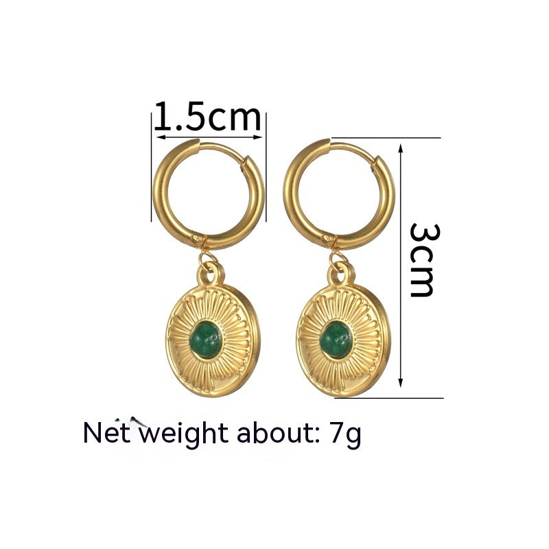 European And American INS Style Natural Stone Inlaid Emerald Eardrops