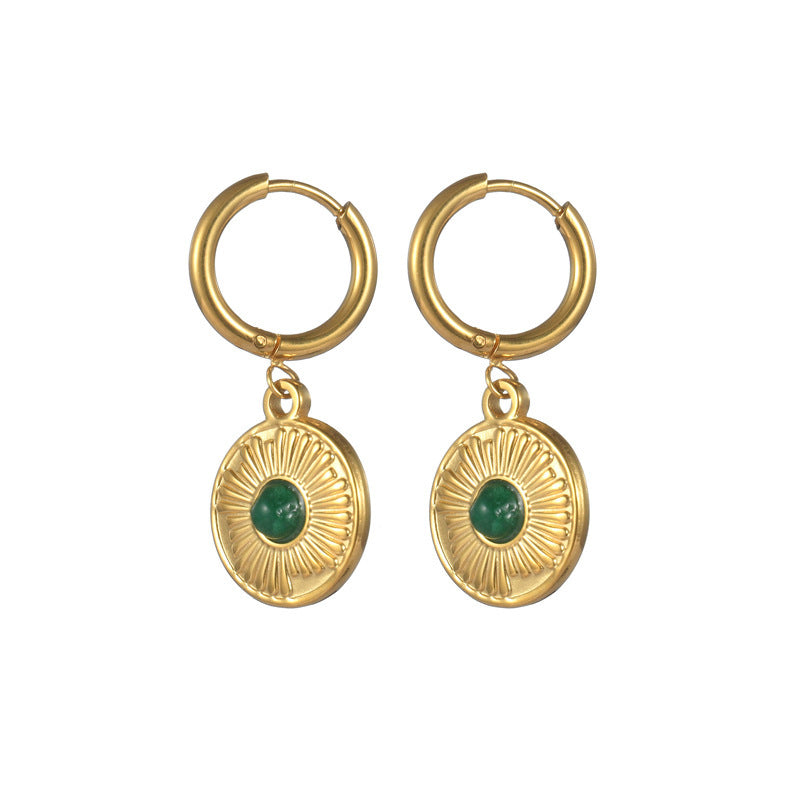 European And American INS Style Natural Stone Inlaid Emerald Eardrops