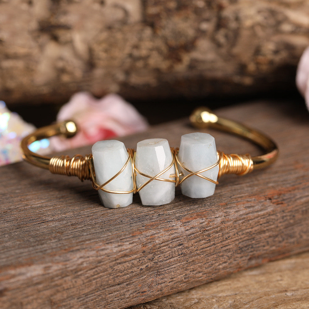 Natural Canadian Jade Cylindrical Beads Gold Cuff Bracelet
