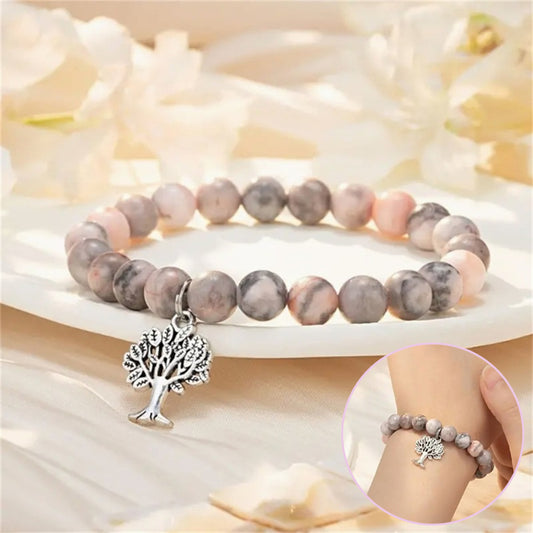 Fashion Natural Stone Pinkred Zebra Tree Of Life Bracelet