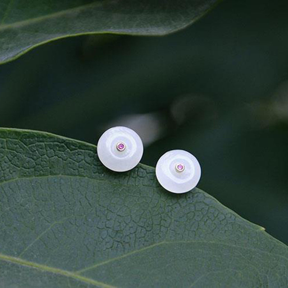 An Button Court Hetian White Jade Stud Earrings