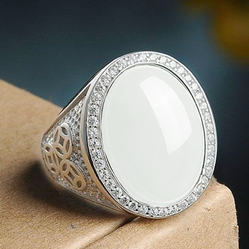 Big Oval Egg Face White Jade Coin Ring