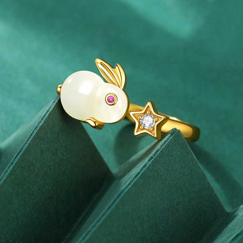Trendy Simple Cute Animal Year Jade Hare Ring