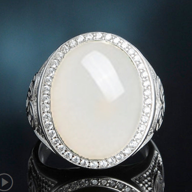 Big Oval Egg Face White Jade Coin Ring
