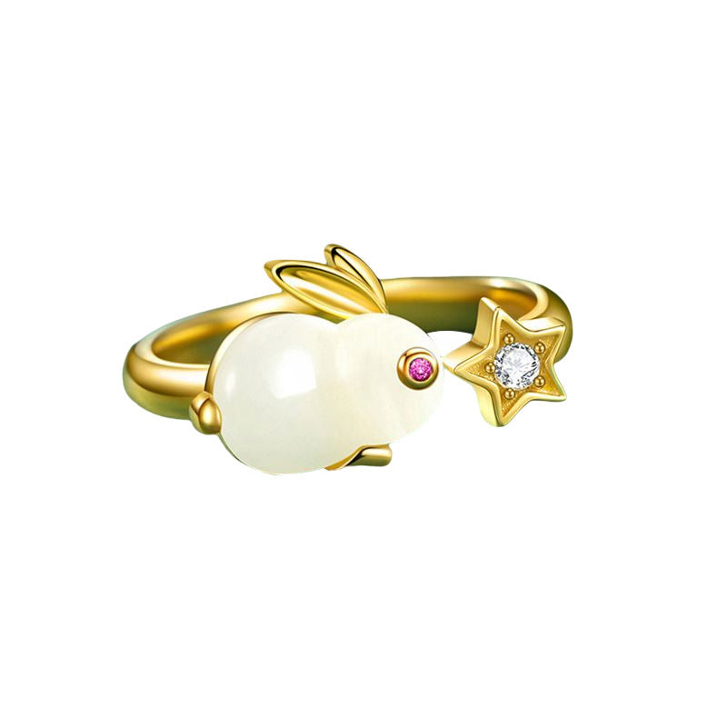 Trendy Simple Cute Animal Year Jade Hare Ring