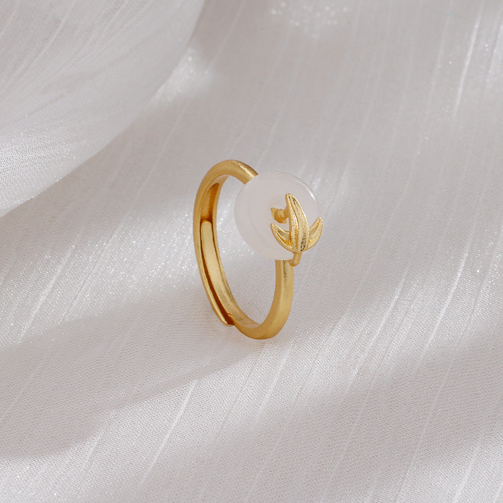 Chinese Style Hetian White Jade Peace Buckle Ring