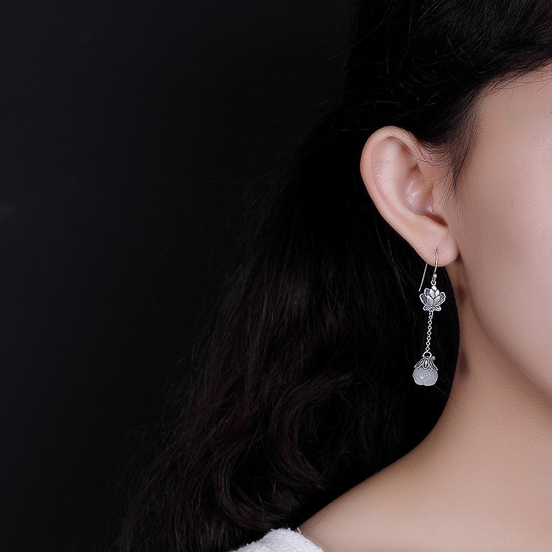 Retro Natural Hetian Jade White Jade Lotus Personality Women's Earrings