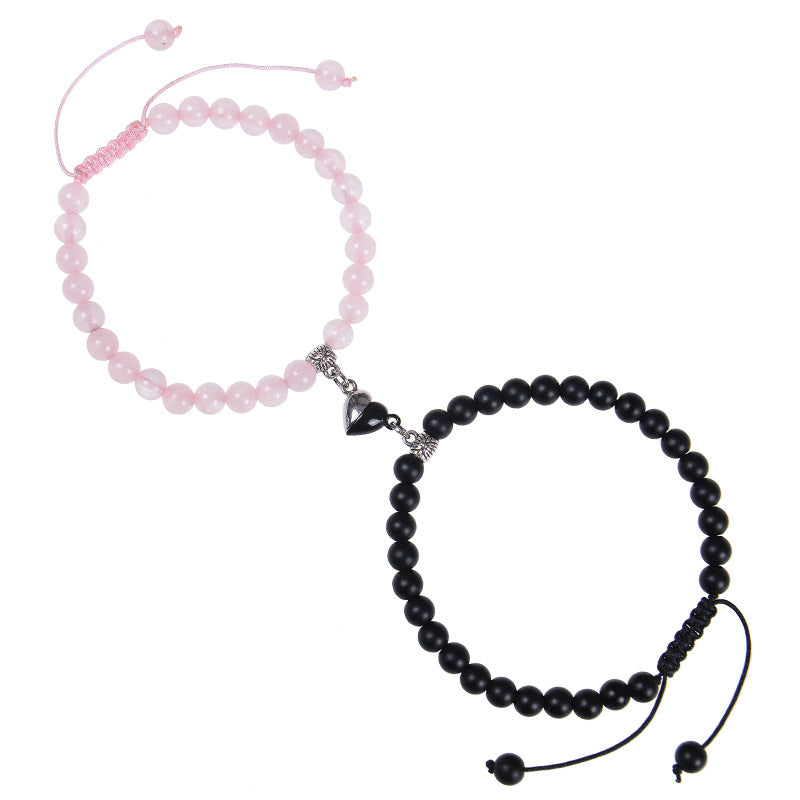 Heart-shaped Magnet Suction Black Frosted Stone Couple Bracelet