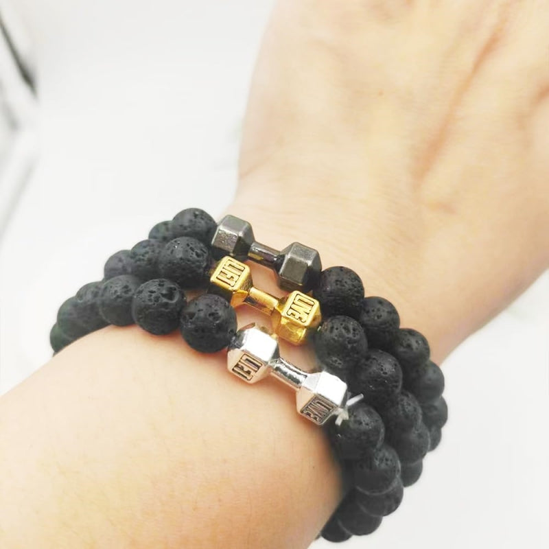 Men's Jewelry Alloy Metal Barbell & Lava Rock Stone Beads