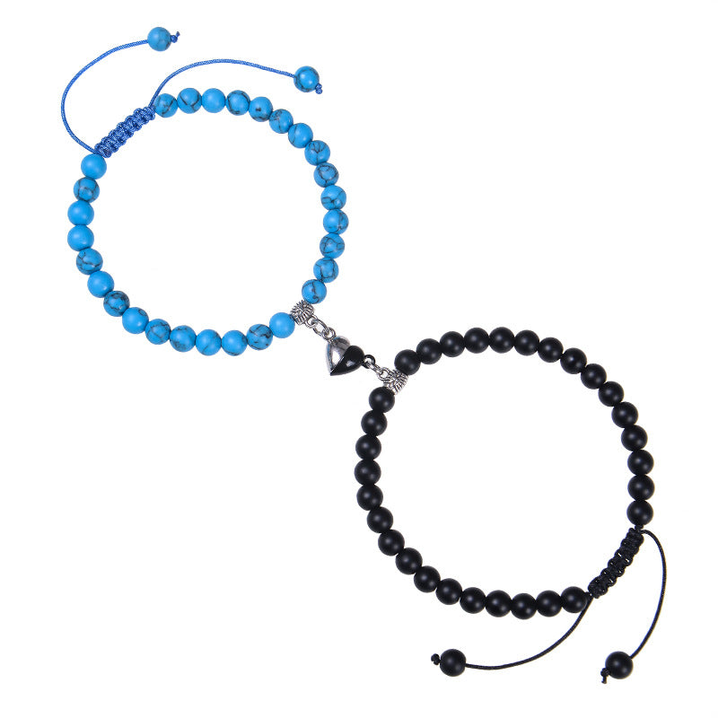 Heart-shaped Magnet Suction Black Frosted Stone Couple Bracelet