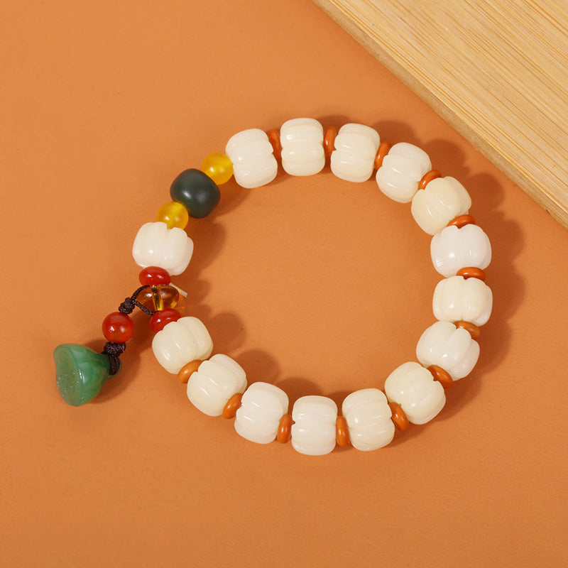 White Jade Bodhi Root Carved Pumpkin Beads Bracelet