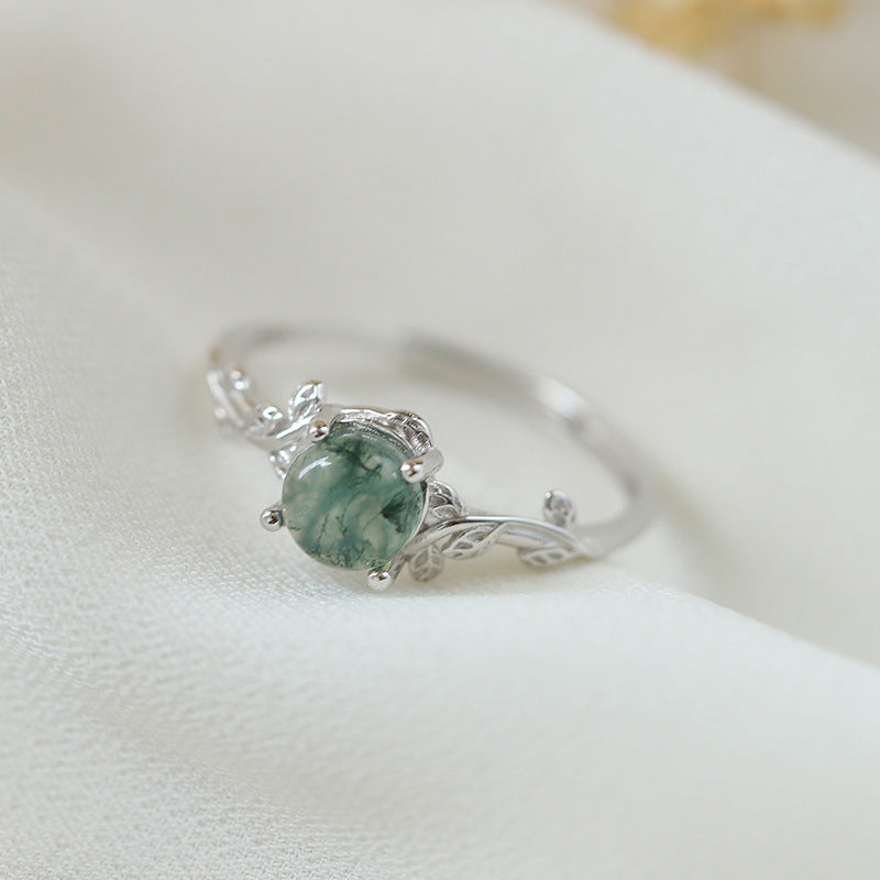 S925 Silver Green Moss Ring Water Plants Agate Stone