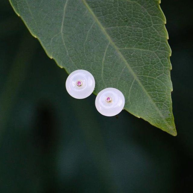An Button Court Hetian White Jade Stud Earrings