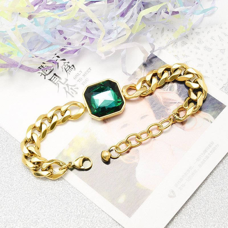 Full-gloss Denim Chain Green Jade Faceted Stone Titanium Steel Bracelet