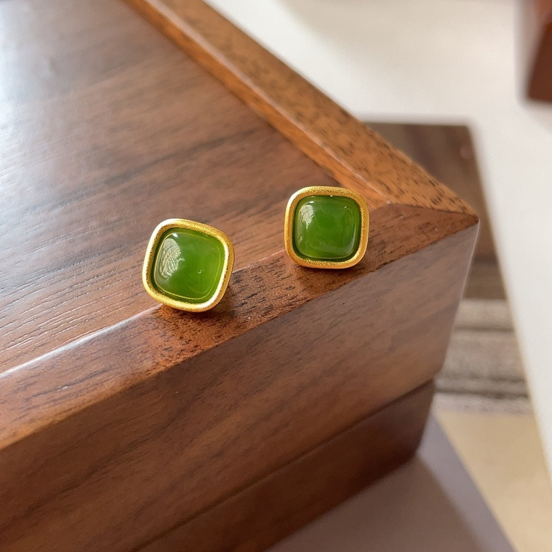 Natural Hotan Jade Square Earrings