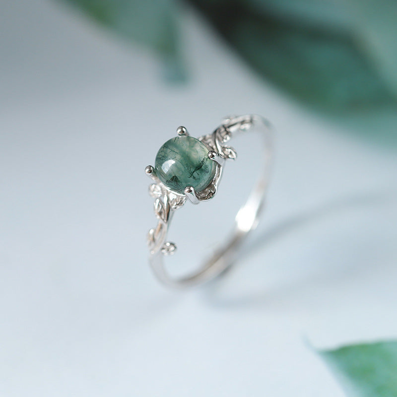 S925 Silver Green Moss Ring Water Plants Agate Stone