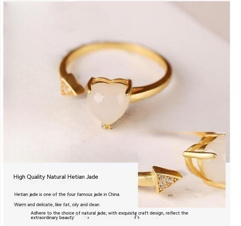 Fresh Hetian Jade Heart-shaped Open Ring Female Minimalist Design White Jade