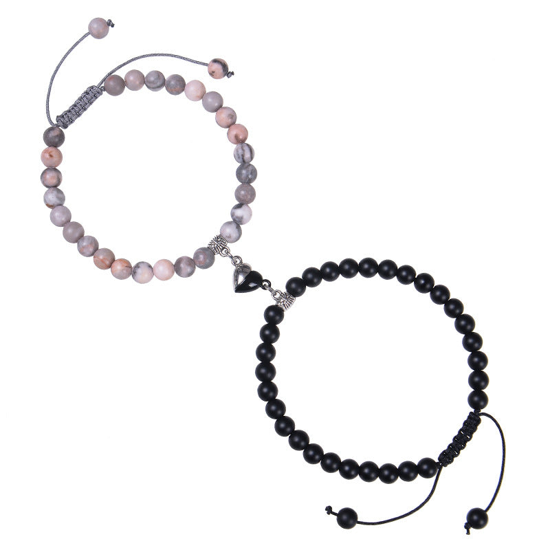 Heart-shaped Magnet Suction Black Frosted Stone Couple Bracelet
