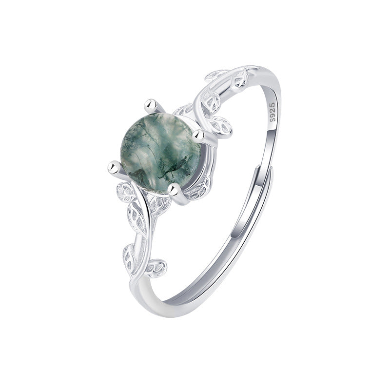 S925 Silver Green Moss Ring Water Plants Agate Stone