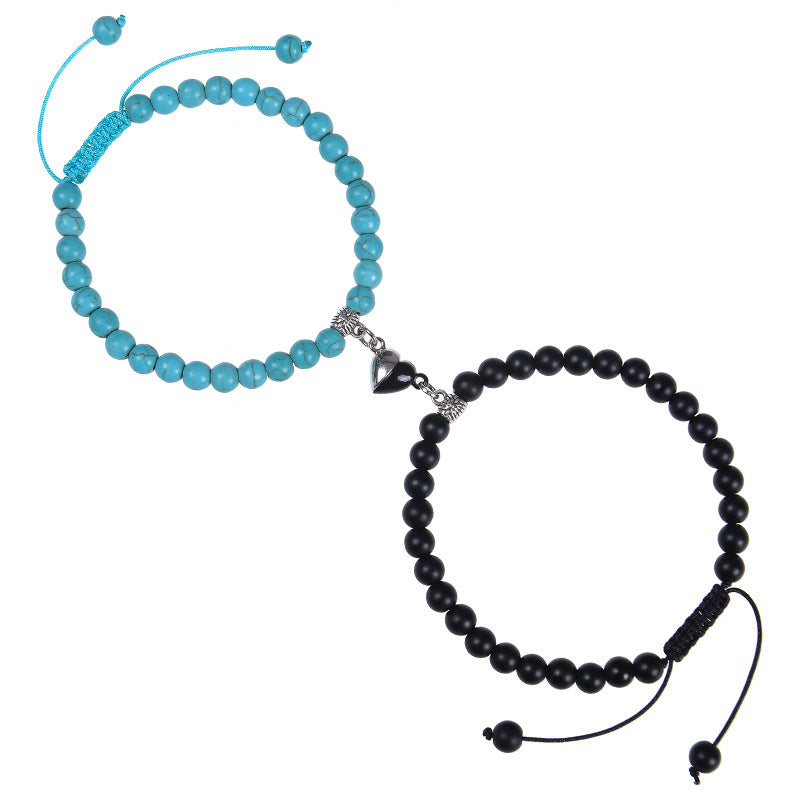 Heart-shaped Magnet Suction Black Frosted Stone Couple Bracelet